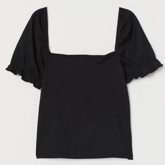 H&M NWT black textured square neck short sleeve puff sleeve top - Picture 2 of 4